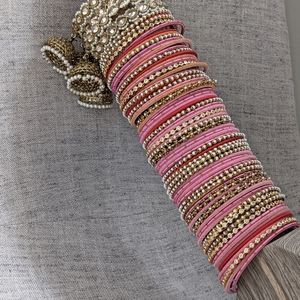 Pink red pearl gold champagne polki bangle stacks